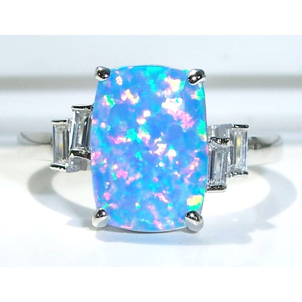 925 STERLING SILVER Lab Created Blue Lavender Fire Opal & CZ Ring - Picture 1 of 13